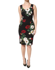 Dolce & Gabbana Schwarzes ärmelloses Etuikleid mit Blumenmuster