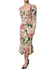Dolce & Gabbana Rosa geblümtes Seiden-Midi-Kleid mit figurbetontem Oberteil und ausgestelltem Rock