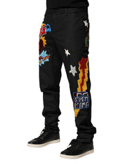 Dolce & Gabbana Schwarze Herrenhose mit grafischer Stickerei