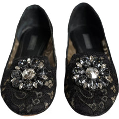 Dolce & Gabbana Schwarze Spitzen-Kristall-Ballerinas Loafer-Schuhe