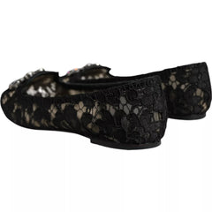 Dolce & Gabbana Schwarze Spitzen-Kristall-Ballerinas Loafer-Schuhe