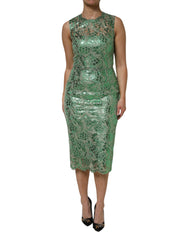 Dolce & Gabbana Grünes Baumwollkleid mit Blumenmuster aus Spitze