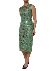 Dolce & Gabbana Grünes Baumwollkleid mit Blumenmuster aus Spitze