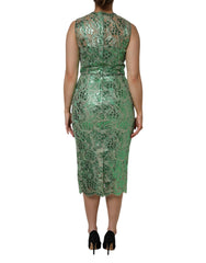 Dolce & Gabbana Grünes Baumwollkleid mit Blumenmuster aus Spitze
