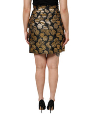 Dolce & Gabbana Schwarzer Minirock aus Jacquard mit Blumenprint in Gold