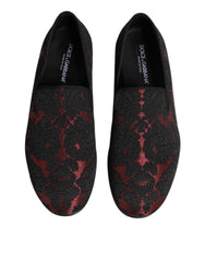 Dolce & Gabbana Red Black Jacquard Slip On Loafers Shoes