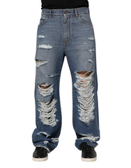 Dolce & Gabbana Blaue zerrissene Jeans aus Baumwolle mit Logo-Plakette