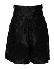 Dolce & Gabbana Schwarze Shorts aus Seide mit hohem Bund und Blumenstickerei