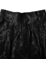 Dolce & Gabbana Schwarze Shorts aus Seide mit hohem Bund und Blumenstickerei