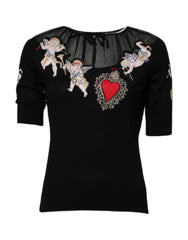 Dolce & Gabbana Schwarzes T-Shirt mit Rundhalsausschnitt und besticktem Heiligem Herzen