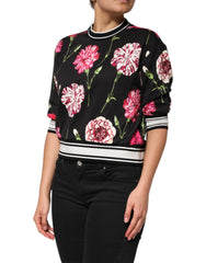 Dolce & Gabbana Schwarzes Baumwoll-Top mit Blumenmuster und kurzen Ärmeln