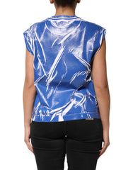 Dolce & Gabbana Blau Weißes Baumwoll-Logo-Plaketten Damen Tank Top
