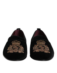 Dolce & Gabbana Schwarze Samt Goldkrone Herren Loafer Schuhe