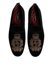 Dolce & Gabbana Schwarze Samt Goldkrone Herren Loafer Schuhe