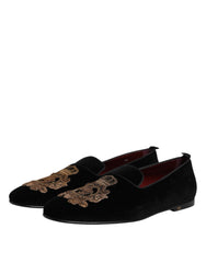 Dolce & Gabbana Schwarze Samt Goldkrone Herren Loafer Schuhe