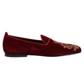 Dolce & Gabbana Rote Samt Goldene Krone Herren Loafers Schuhe