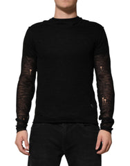 Dolce & Gabbana Schwarzes Leinen-Mesh zerrissenes Langarm-T-Shirt