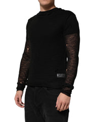 Dolce & Gabbana Schwarzes Leinen-Mesh zerrissenes Langarm-T-Shirt