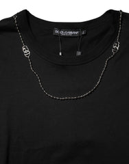 Dolce & Gabbana Schwarzes Baumwoll-T-Shirt mit Kettendetail am Halsausschnitt