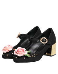 Dolce & Gabbana Schwarze Flower Mary Jane Schuhe mit Kristallverzierung