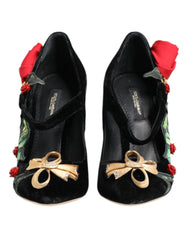 Dolce & Gabbana Schwarze Rosen Kristallbrosche Mary Jane Schuhe