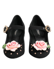 Dolce & Gabbana Schwarze Flower Mary Jane Schuhe mit Kristallverzierung