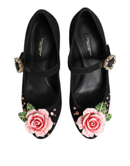 Dolce & Gabbana Schwarze Flower Mary Jane Schuhe mit Kristallverzierung