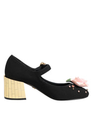 Dolce & Gabbana Schwarze Flower Mary Jane Schuhe mit Kristallverzierung