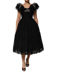 Dolce & Gabbana Schwarzes A-Linien-Midikleid mit Kristallverzierung