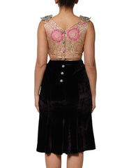 Dolce & Gabbana Schwarzes A-Linien-Kleid aus Samt mit Blumenapplikationen