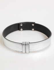 Dolce & Gabbana Silver Textured Leather Gold Tone Metal Neckband