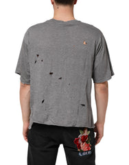 Dolce & Gabbana Graues Baumwoll T-Shirt für Herren mit zerfetztem Logo-Patch