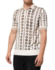 Dolce & Gabbana Seidenpolo für Herren, Elfenbein, mit Münzmotiv und Logo