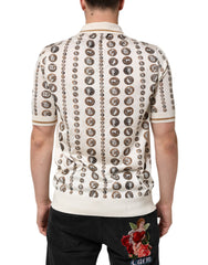 Dolce & Gabbana Seidenpolo für Herren, Elfenbein, mit Münzmotiv und Logo