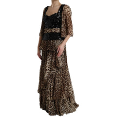 Dolce & Gabbana Maxikleid aus Seide mit Leopardenmuster, Pailletten und Rüschen