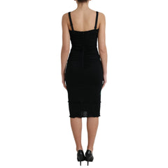 Dolce & Gabbana Schwarzes ärmelloses Wollkleid mit Rosenapplikationen