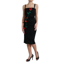 Dolce & Gabbana Schwarzes ärmelloses Wollkleid mit Rosenapplikationen