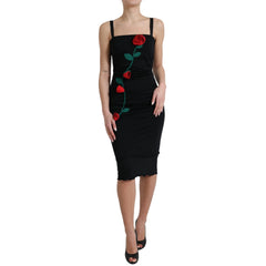 Dolce & Gabbana Schwarzes ärmelloses Wollkleid mit Rosenapplikationen