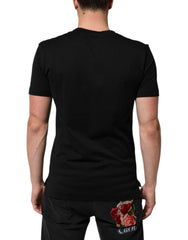 Dolce & Gabbana Schwarzes Herren-T-Shirt aus Baumwoll-Samt mit Logo-Print