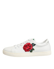 Dolce & Gabbana Weiße Leder-Low-Top-Schuhe mit Rosenstickerei