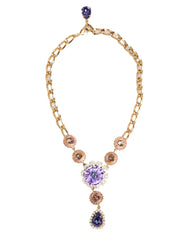 Dolce & Gabbana Goldfarbene Messing-Halskette mit Kristallperlen und lila Blumenanhänger