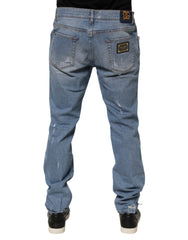 Dolce & Gabbana Blaue zerrissene Slim Fit Jeans aus Baumwoll-Denim