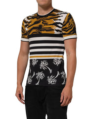 Dolce & Gabbana Herren T-Shirt mit Rundhalsausschnitt, mehrfarbigem Leoparden- und Palmenblattmuster