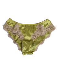 Dolce & Gabbana Grüner Seidensatin Höschen mit floraler Spitzenborte