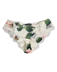 Dolce & Gabbana Weißes Seidensatin-Slip-Unterwäsche mit Blumenstickerei