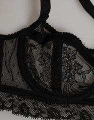 Dolce & Gabbana Schwarzer Balconette-BH aus Nylon mit Blumenmuster und Spitze