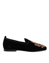 Dolce & Gabbana Schwarze Samt Goldkrone Herren Loafer Schuhe