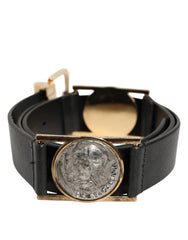 Dolce & Gabbana Gürtel aus schwarzem Leder mit gold-silberner Münzschnalle