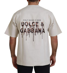 Dolce & Gabbana Elfenbeinfarbenes Baumwoll-T-Shirt mit Elfenbeinfarbenem Print und Rundhalsausschnitt