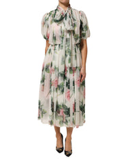 Dolce & Gabbana plissiertes Midikleid aus Seide mit weißem Blumenmuster